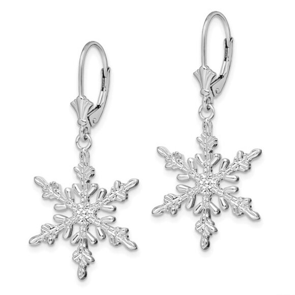925 Sterling Silver RH plated Winter Snowflake Leverback Dangle Drop Earrings - Picture 7 of 8